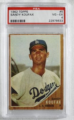 PSA 1962 TOPPS Sandy Koufax #5 VG-EX 4. 1962 TOPPS #5 PSA VG-EX 4