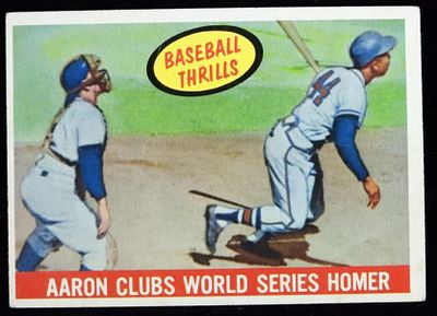 #467 Hank Aaron TOPPS Baseball Thrills 1959. Baseball Thrills Aaron Clubs World Series homer. 