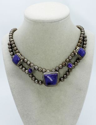 Navajo Charoite & Amethyst 925 Necklace. 20" long sterling beaded Navajo necklace with 3 
