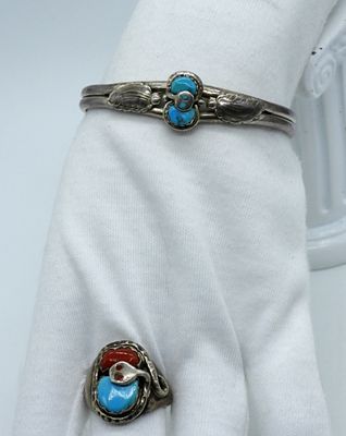 Zuni Snake 925 Turquoise Matching Set. Zuni snake bracelet and ring set. Cuff bracelet with 
