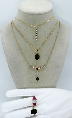 Gold Tone 925 Gemstone Necklaces & Rings. Three sterling gold tone necklaces, 18-24" long 