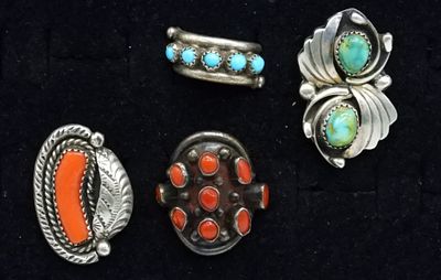 4 Sterling Turquoise & Red Coral Rings. Four sterling rings with turquoise and red coral 