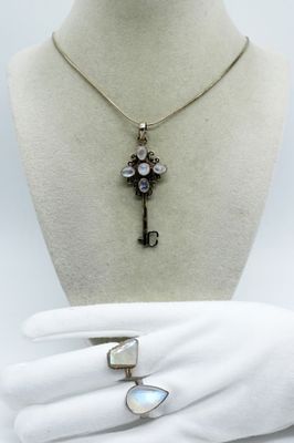 Moonstone Sterling Necklace & Rings. Moonstone gemstone key necklace. Pendant is 3" long and 