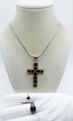 Garnet Cross Pendant & Rings - Sterling. Garnet cross pendant and two rings, all sterling. 