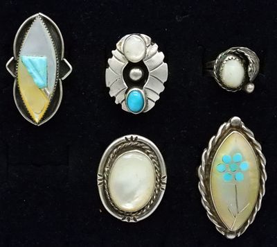 5 Sterling Mother of Pearl Rings. Five sterling mother of pearl gemstone rings, some turquoise. 