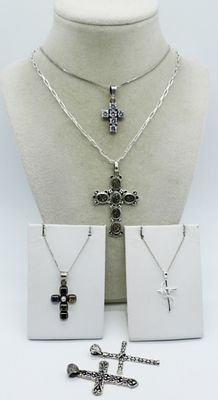 6 Sterling Religious Cross Pendants & Chains. Six sterling religious cross pendants, 1.5" - 2.5" 