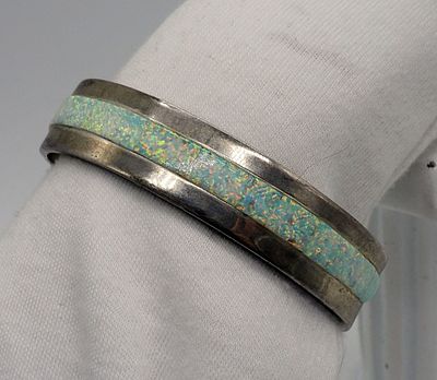 Native America Sterling Opal Cuff Bracelet. Sterling opal inlay cuff bracelet, inside marked 