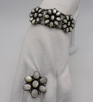 Mother of Pearl Matching 925 Cuff & Ring. Mother of Pearl gemstone sterling cuff bracelet and 