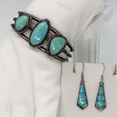 Sterling Turquoise & Opal Bracelet & Earrings. Sterling turquoise gemstone cuff bracelet, marked 