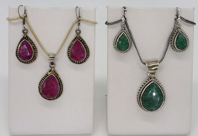 Natural Emerald & Ruby 925 Sets. Natural Emerald and Ruby gemstone necklaces with matching 