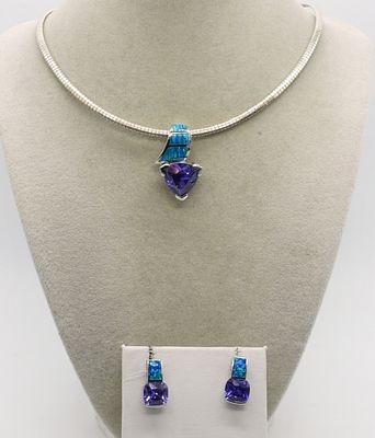 Amethyst & Opal Sterling Necklace Earring Set. Matching sterling set, with amethyst and opal 