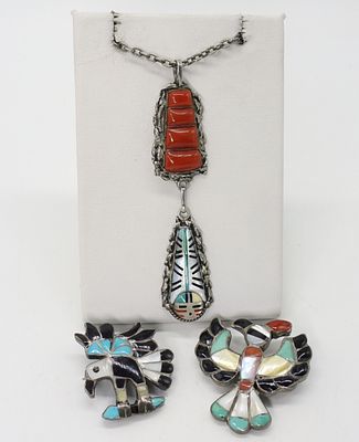 Zuni Sterling Brooches and Necklace. Two zuni sterling eagle brooch / pendants. 1.5" long. Zuni 