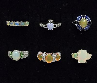 6 Sterling Opal & Gemstone Rings. Six sterling rings with opals and other gemstones. Very 