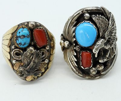 2 Native American 925 Eagle Turquoise Rings. Two sterling Native American rings with turquoise 