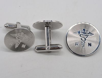 Sterling RN Pin & Cufflinks. Sterling RN (Registered Nurse) pin and cufflinks. (7 dwt)