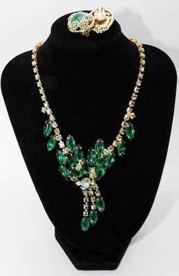 Green Stone & Gold Tone Set. Earrings Are Clip Ons