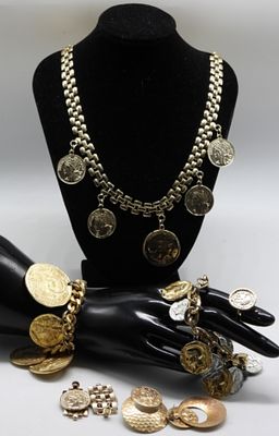 Coin Jewelry (Gold-Tone). (2)Bracelets, (1) Necklace, (2) Pair of earrings, (1) Adjustable ring