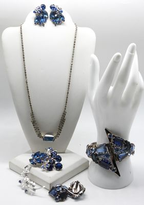 Silver-Tone & Blue Rhinestones. (1) Bracelet, (1) Necklace, (2) Brooches, (2) Pair of clip-on 