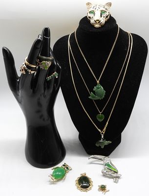 Jaded & Green Lot. (3) Brooches, (5) Pendants, (3) Gold-tone chains, (4) Rings, Sized: 5- 7 & a 