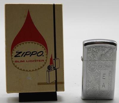 1975 Zippo Slim Venetian Pattern Unfired. Unfired. The engraved spot is engraved with "E A". 