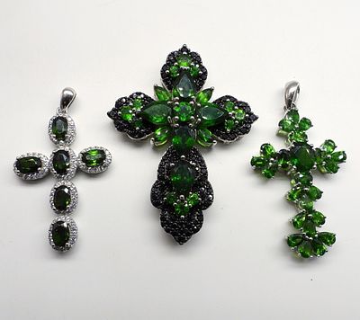 Spinel & Chrome Diopside 925 Cross Pendants. Three sterling cross pendants with Chrome Diopside 