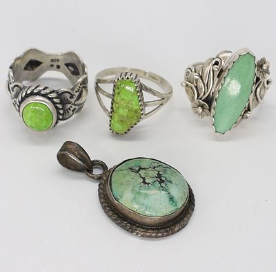 Vintage Sterling Green Turquoise Rings & More. Three sterling rings with Green Turquoise 