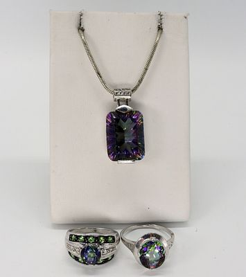 Mystic Topaz Sterling Rings & Necklace. Two sterling rings with mystic topaz gemstones, as well 