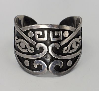 Taxco 980 Silver Wide Cuff Bracelet. Vintage Taxco, 980 silver (higher than sterling) wide cuff 