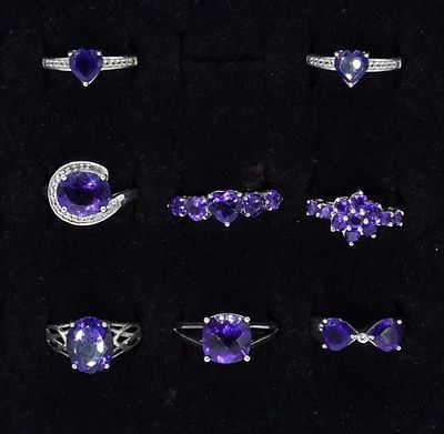 8 Sterling Amethyst Fashion Rings. Eight sterling rings, with beautiful amethyst gemstones. 