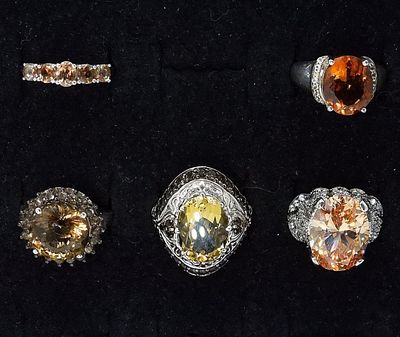 5 Sterling Orange Yellow Gemstone Rings. Five sterling rings with Citrine and other unidentified 