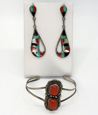 Red Coral 925 Cuff & Earrings. Vintage sterling cuff bracelet with Red Coral gemstones. Bracelet 