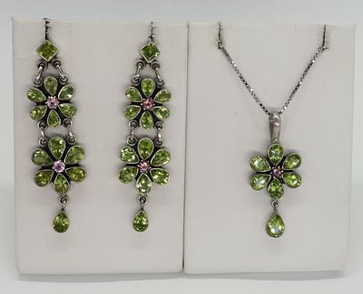 Peridot & Tourmaline 925 Matching Set. Sterling flower shaped matching necklace and earrings 