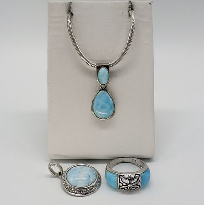 Larimar Sterling Necklace, Ring & Pendant. 3 pieces of sterling jewelry with Larimar gemstones. 