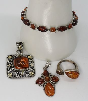 Amber 925 Pendants, Bracelet & Ring. Sterling jewelry with Amber gemstones. Two pendants, 1 1/2" 