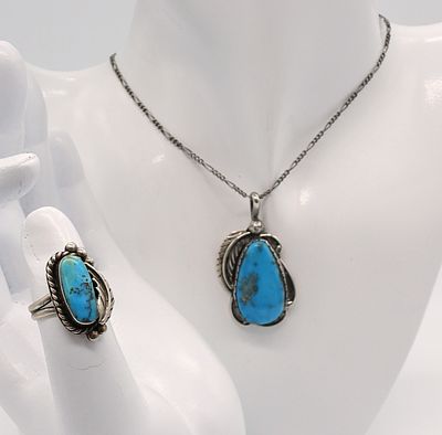 Navajo Turquoise 925 Necklace & Ring. Navajo sterling necklace with large Turquoise gemstone. 