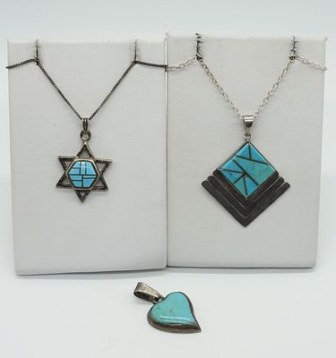 3 Sterling Turquoise Pendants & Chains. Three sterling turquoise pendants and two sterling 