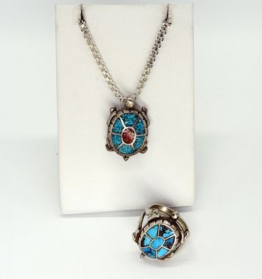 Turquoise Turtles, Sterling Ring & Necklace. Vintage sterling turtles with Turquoise and Red 