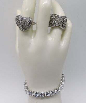 Simulated Diamond 925 Rings & Bracelet. Simulated diamond sterling bracelet, 7" long. Two rings 
