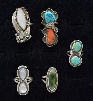 5 Sterling Turquoise, Mother of Pearl Rings. Five sterling vintage rings with Turquoise, Mother 