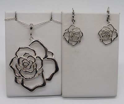 Rose Outline Sterling Necklace & Earrings. Rose shaped outline in sterling silver, pendant, 3" 