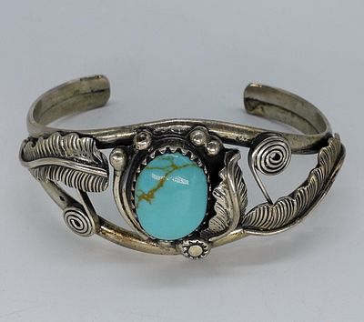 Turquoise Sterling Cuff Bracelet. Mexico sterling and turquoise ornate cuff bracelet. 6.5" 