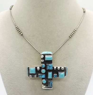 Mexico 925 Turquoise Cross Necklace. Mexico sterling turquoise cross pendant, 2" long. Sterling 