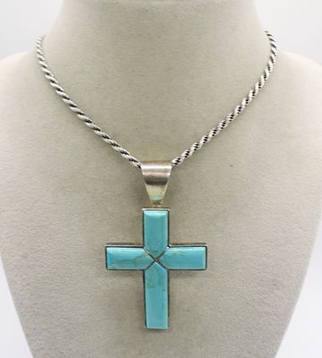 Jay King DTR Turquoise 925 Cross Necklace. Jay King DTR sterling and turquoise cross pendant, 3" 