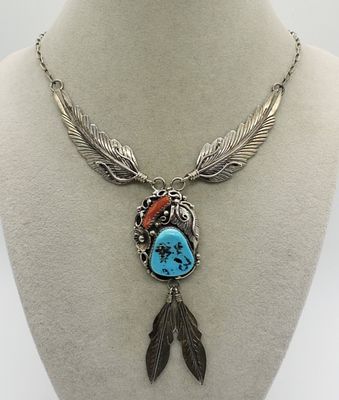 L. Ramone Navajo 925 Turquoise Necklace. L. Ramone, Navajo Necklace. Turquoise and Red Coral 
