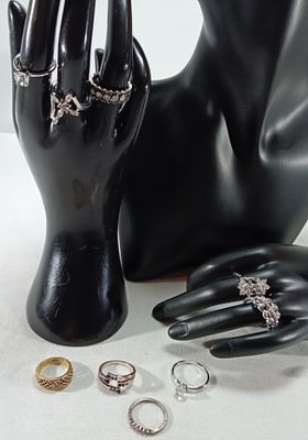 Mixed Tone Rhinestone Ring Lot, 9 Pieces. Collection includes both silver-tone and gold-tone 