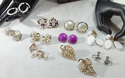 Vintage Costume Earring Lot, 9 Pieces Mixed Styles. Collection features both clip-on and pierced 