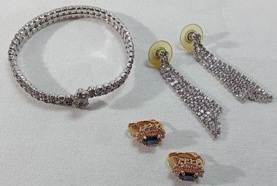 Silver & Gold-Tone Rhinestone Jewelry Set, 3pcs. Complete three-piece coordinated set featuring 