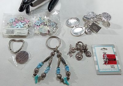 Silver-Tone Rhinestone Beaded Jewelry Lot, 7 Pcs. Mixed lot: a heart keychain with an engraved 