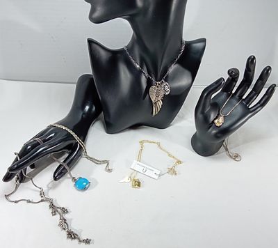 Silver & Gold-Tone Jewelry Lot, 6 Pieces. Mixed lot includes silver-tone chains with blue 