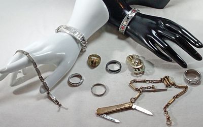 Mixed Jewelry Lot, Silver & Gold-Tone, 10 Pieces. Grouping includes a silver-tone ID bracelet 